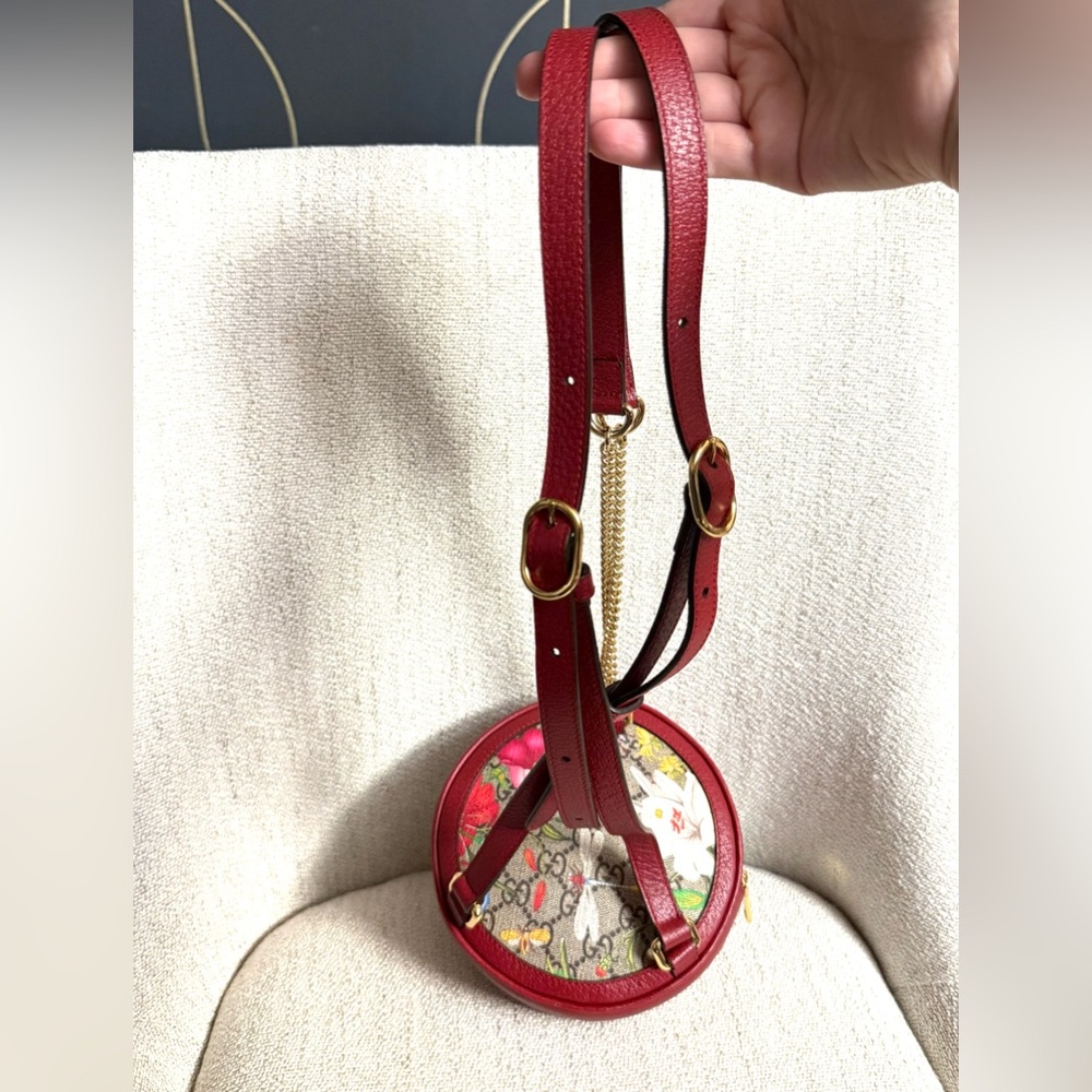 Authentic Gucci Ophidia Mini Round backpack red leather flora pattern canvas - Picture 11 of 16